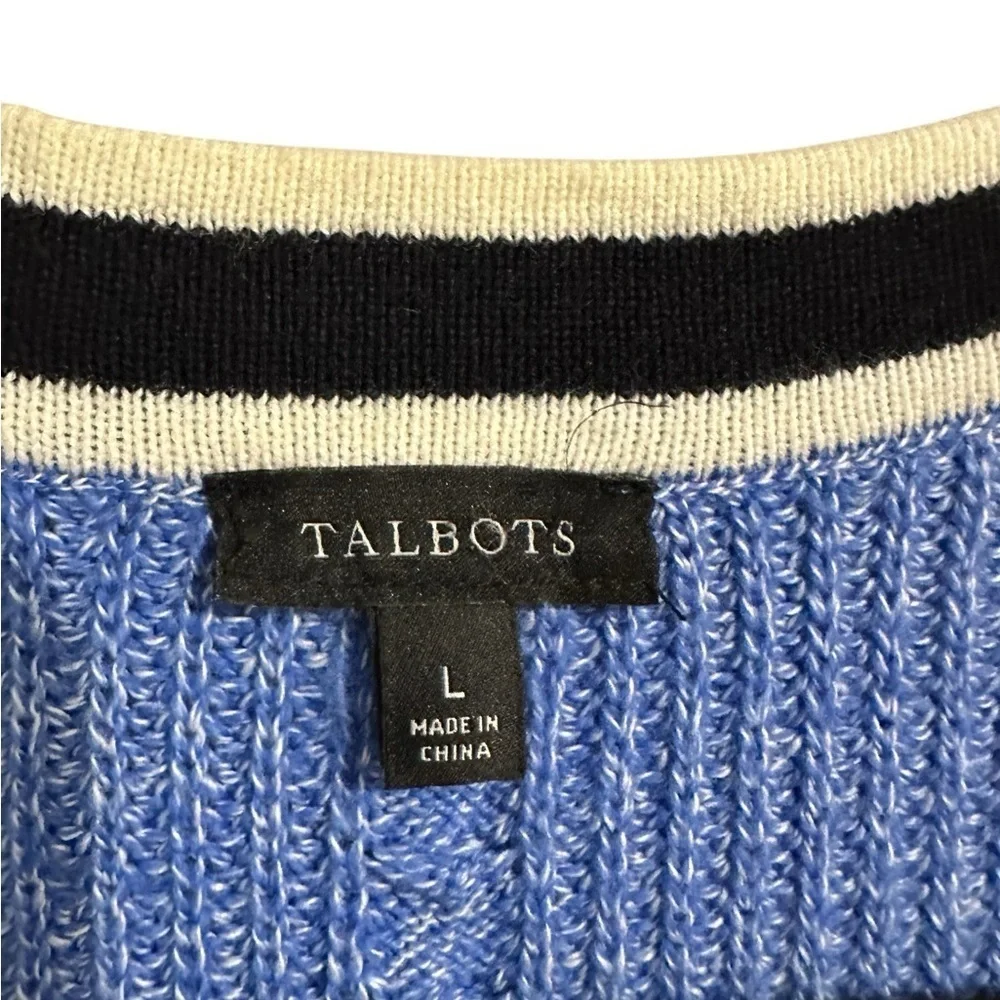 Talbots Iris Blue Cable Knit Tipped Girlfriend Cardigan Sweater Size L Preppy